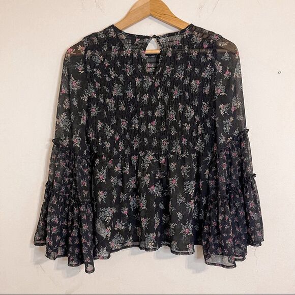American Eagle Black Sheer Floral Boho Ruffle Blouse Size XS - Picture 2 of 8